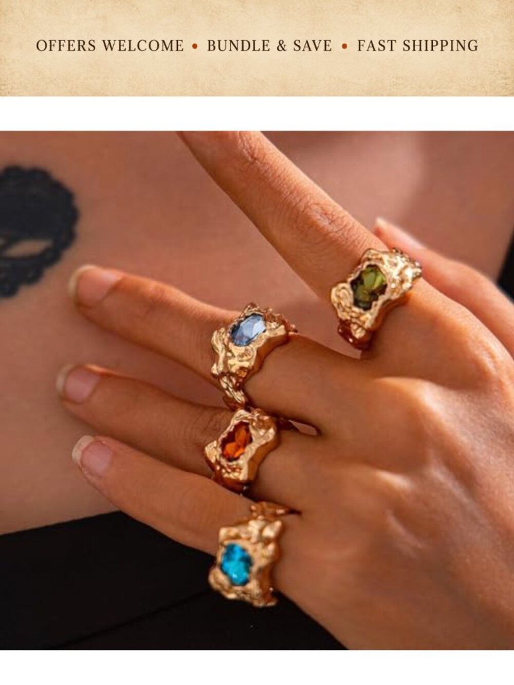 Chunky Crystal Rhinestone Knuckle Rings Set Adjustable Statement Jewelry - Picture 4 of 5